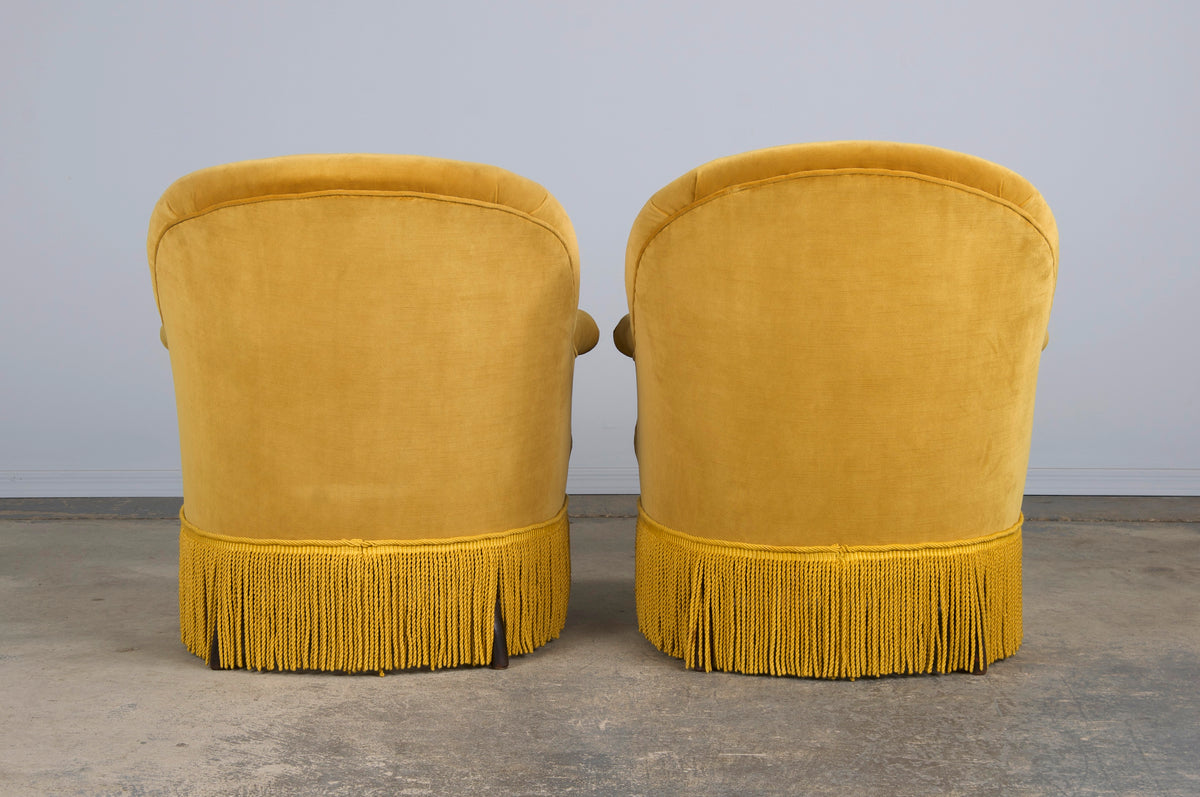 19th Century French Napoleon III Style Armchairs W/ Golden Yellow Velvet - A Pair