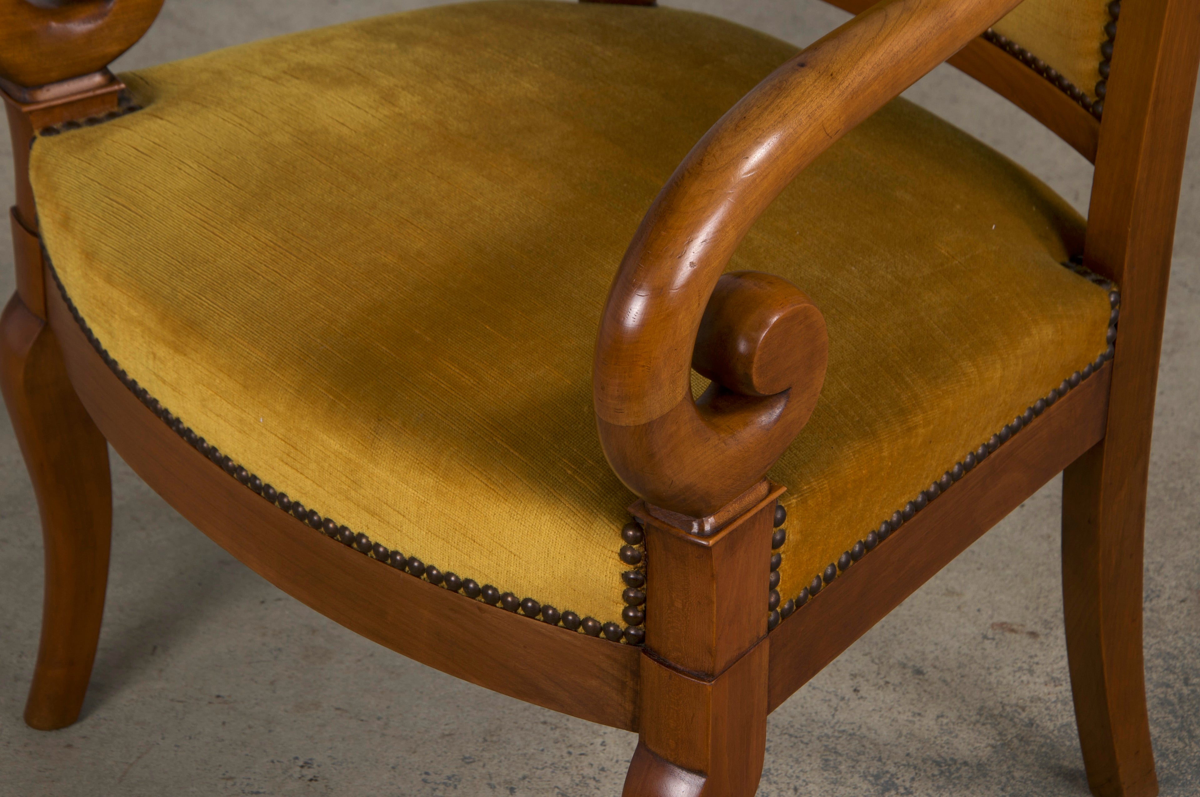 Antique French Louis Philippe Style Walnut Armchairs W/ Golden Yellow Velvet - A Pair