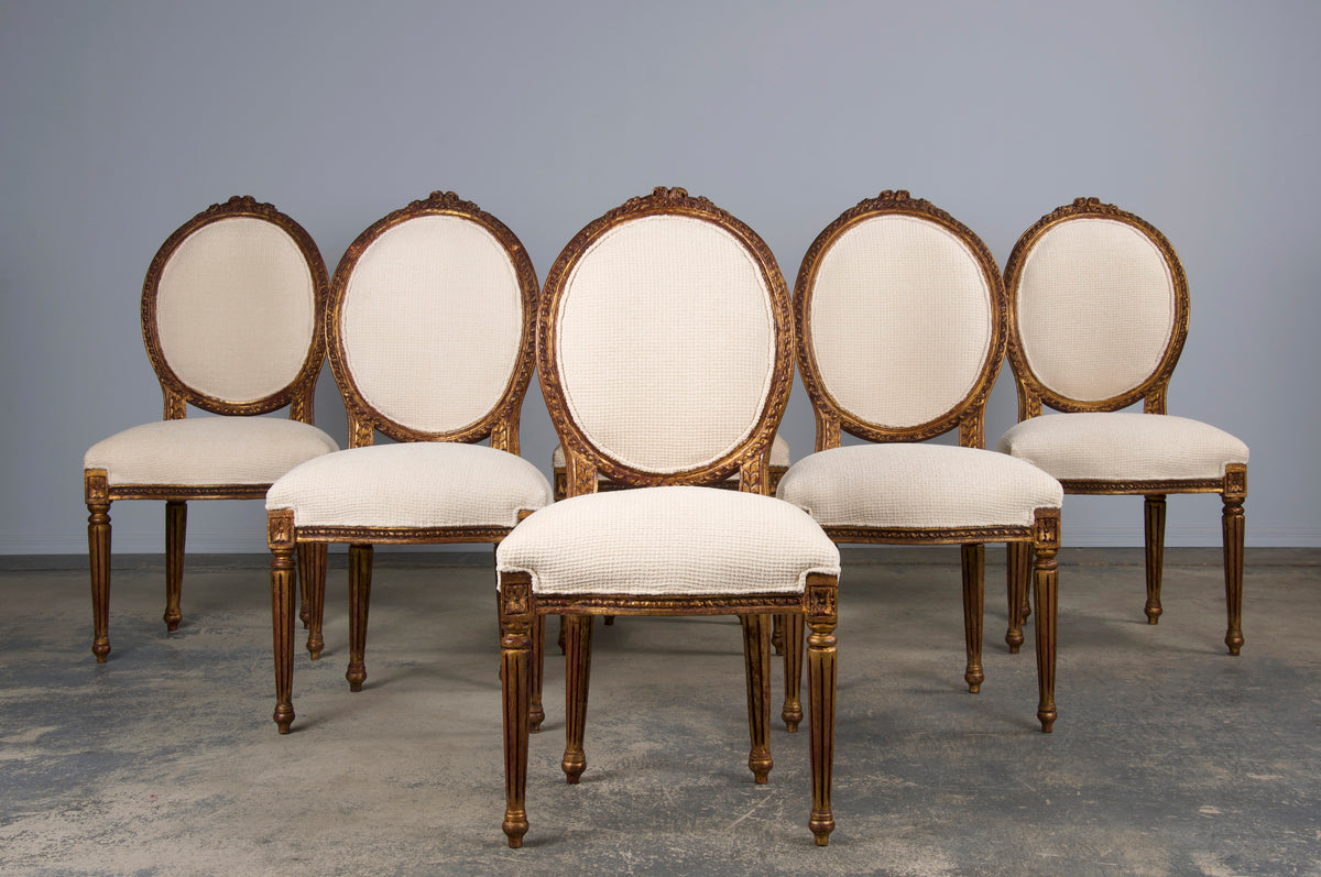 Antique French Louis XVI Style Gilded Dining Chairs W/ Ivory Chenille - Set of 6