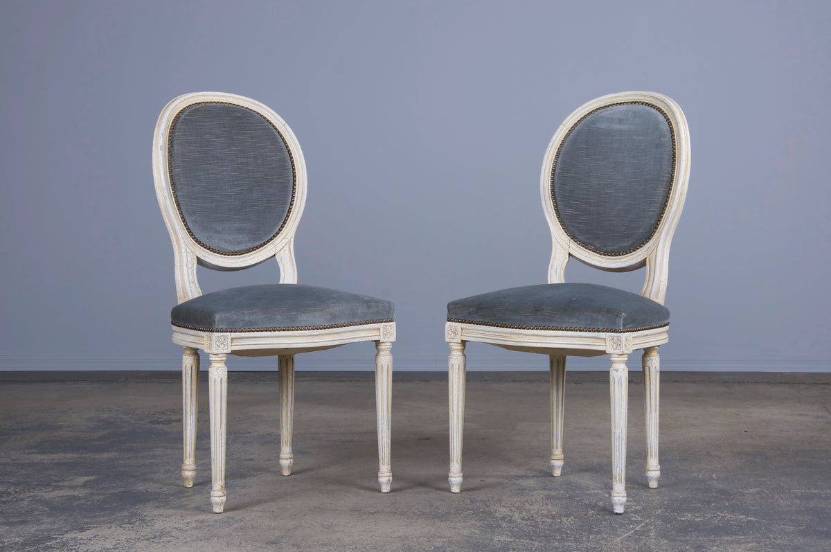 Antique French Louis XVI Style Painted Side Chairs W/ Blue Velvet - A Pair