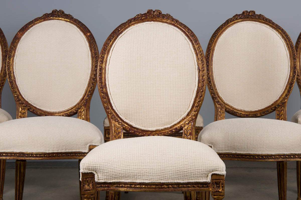 Antique French Louis XVI Style Gilded Dining Chairs W/ Ivory Chenille - Set of 6