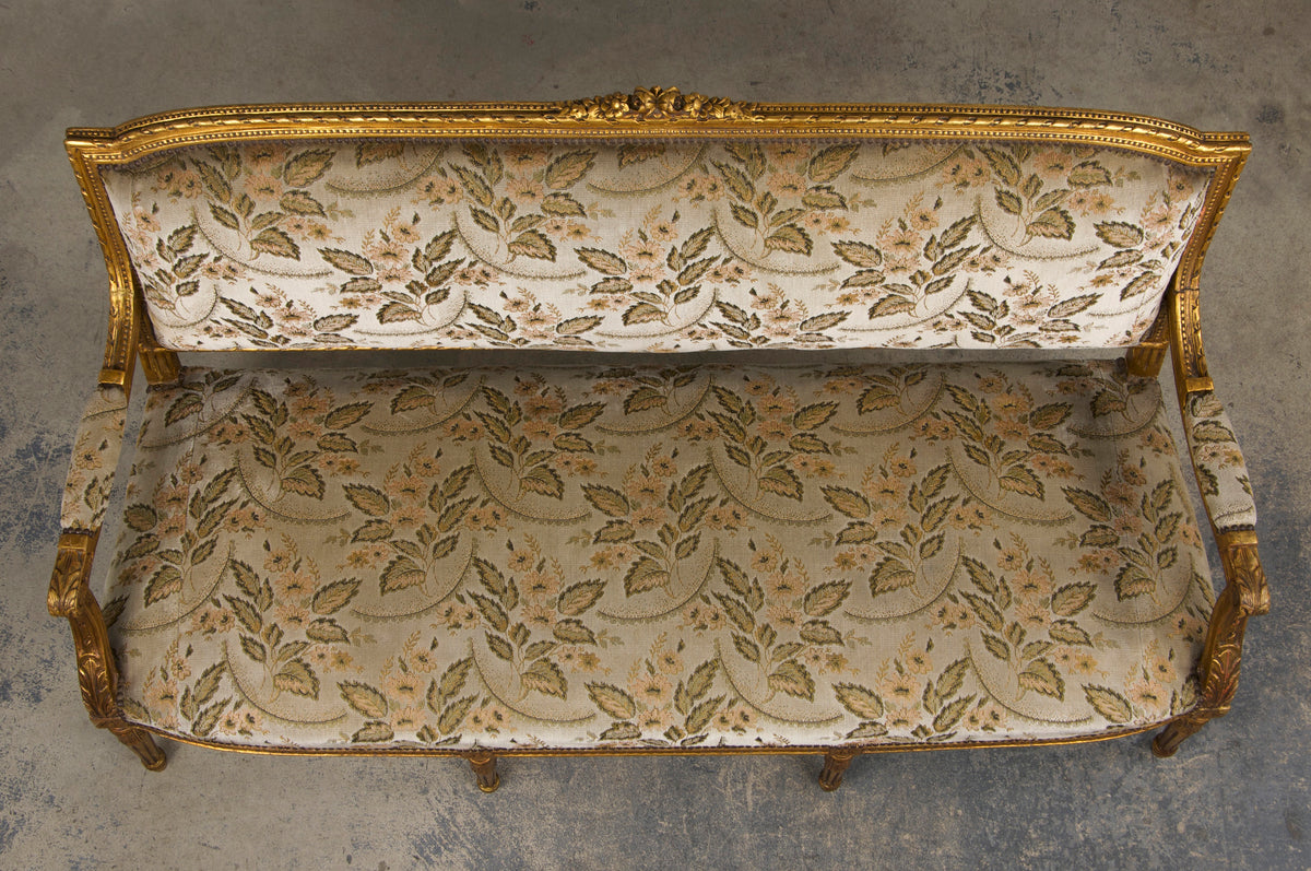 19th Century French Louis XVI Style Gilded Settee W/ Green Floral Velvet