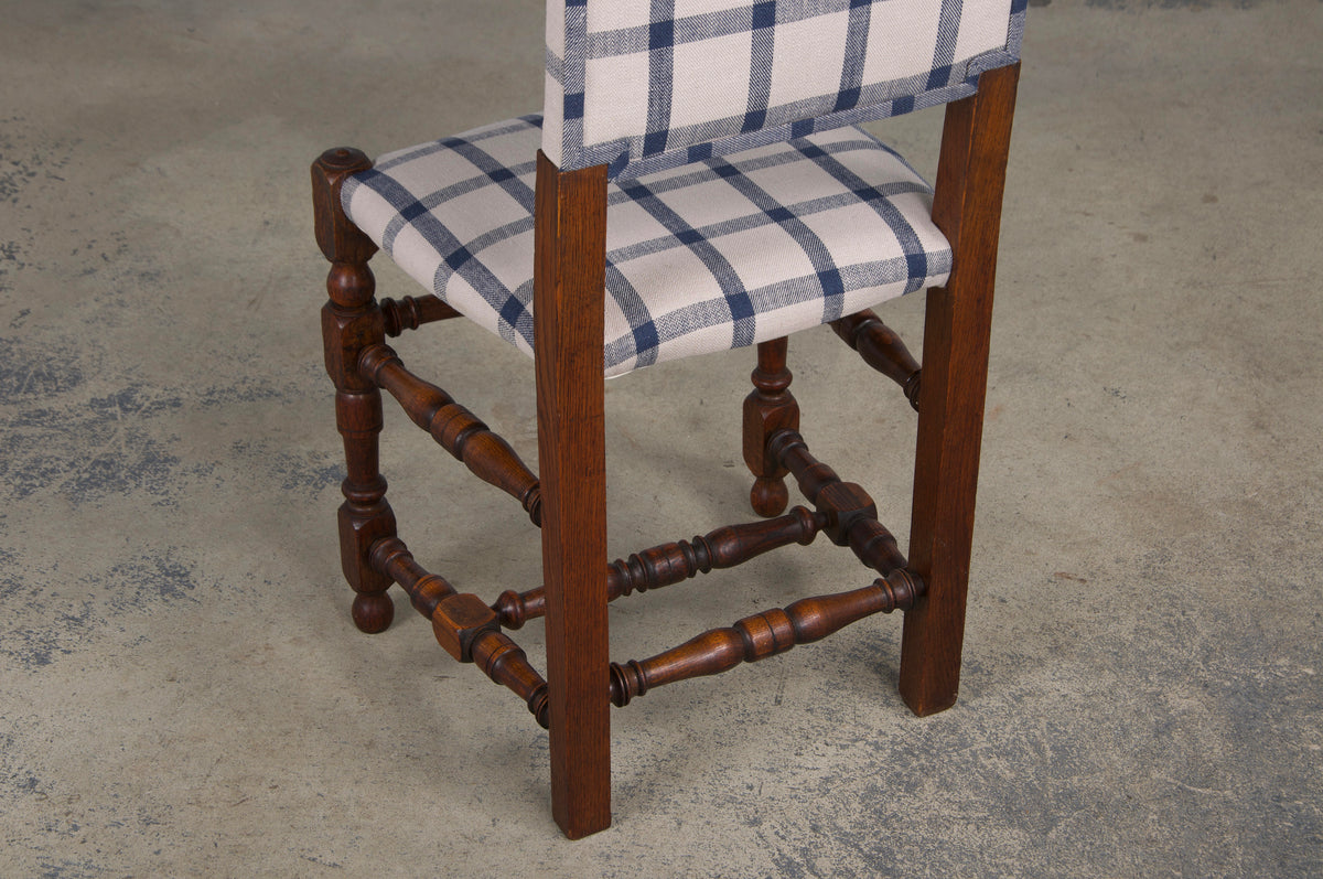 Antique French Louis XIII Style Oak Dining Chairs W/ Plaid Fabric - Set of 6