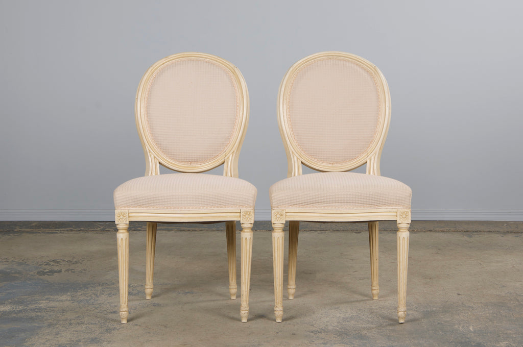 Antique French Louis XVI Style Painted Dining Chairs W/ Cream Fabric - Set of 6