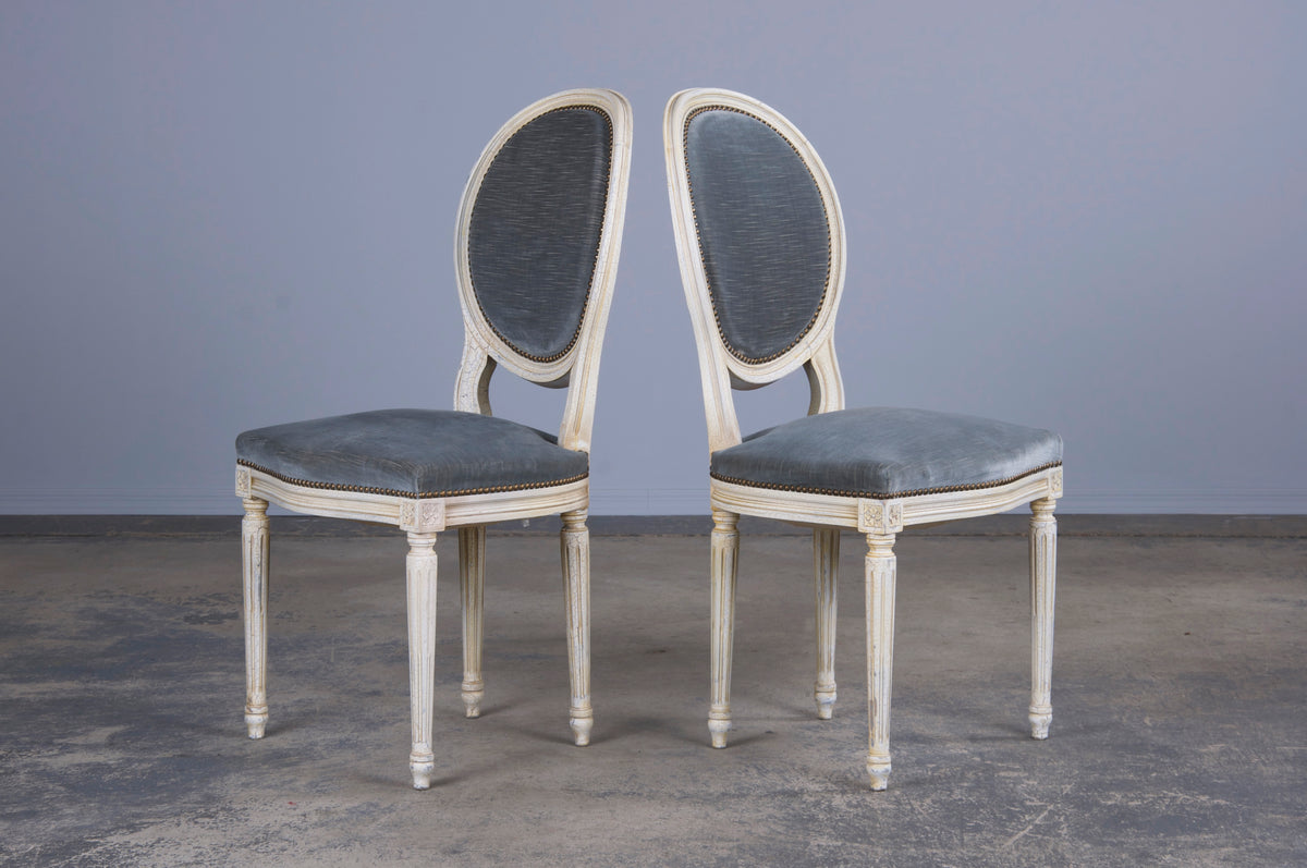 Antique French Louis XVI Style Painted Side Chairs W/ Blue Velvet - A Pair