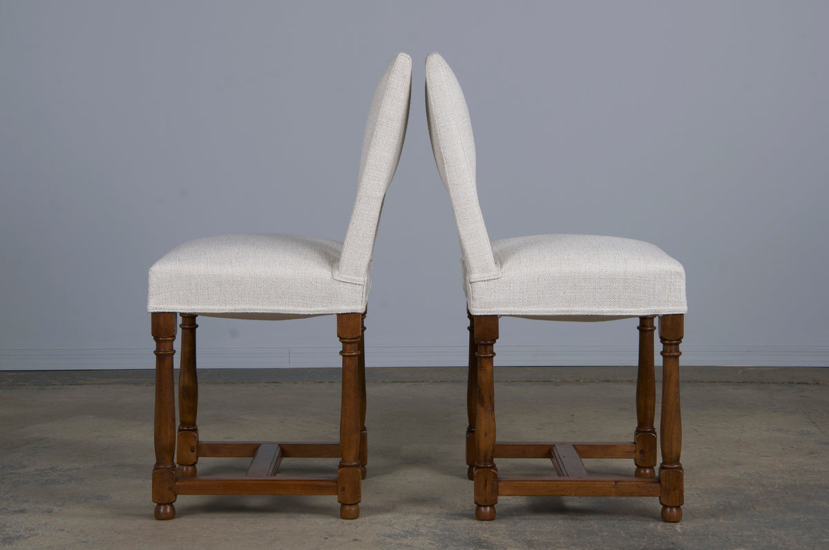 ON HOLD Antique French Louis XIII Style Walnut Dining Chairs W/ Off-White Woven Fabric - Set of 8