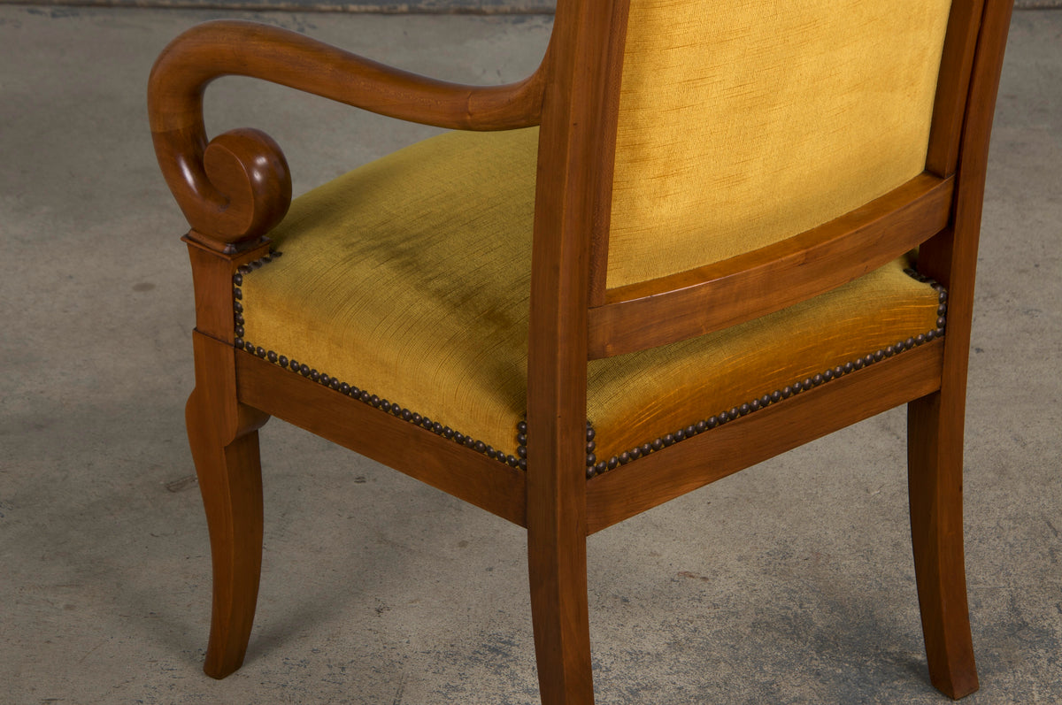 Antique French Louis Philippe Style Walnut Armchairs W/ Golden Yellow Velvet - A Pair