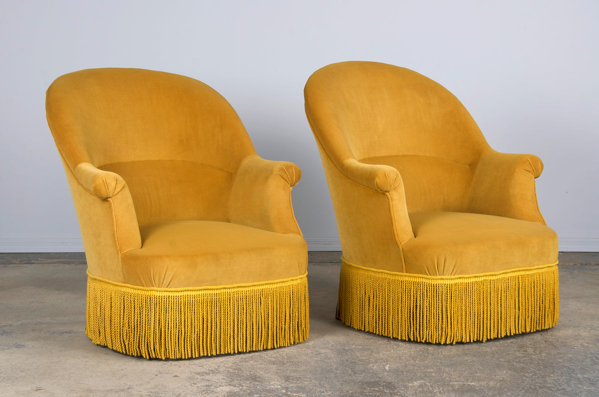 19th Century French Napoleon III Style Armchairs W/ Golden Yellow Velvet - A Pair