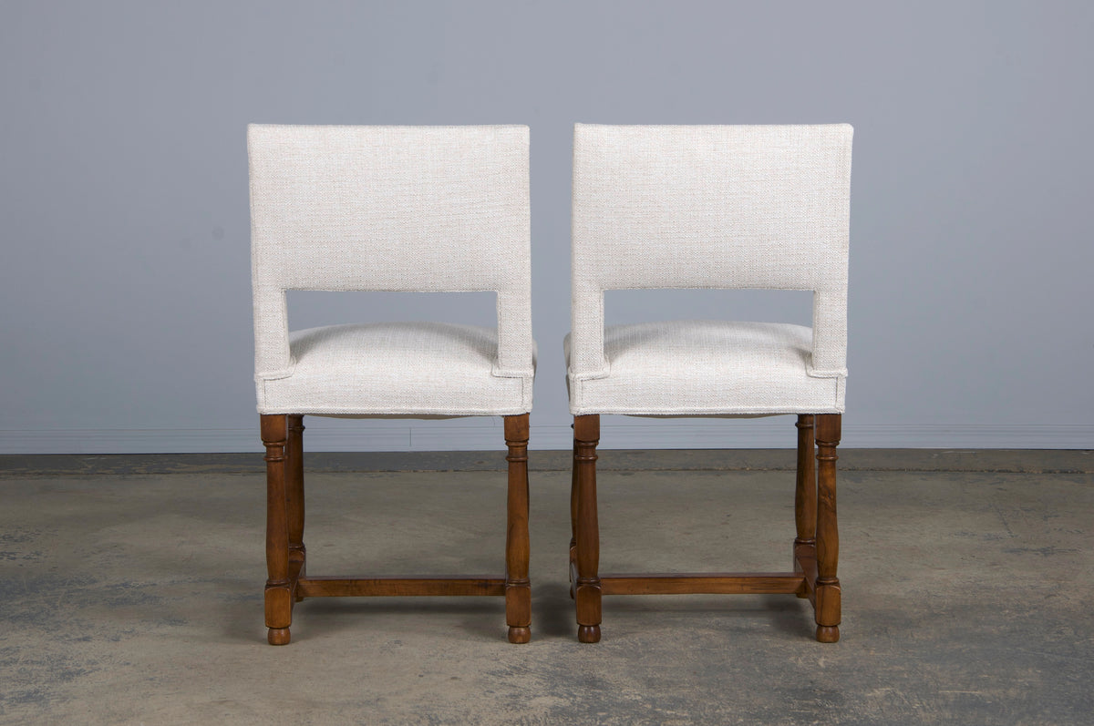 ON HOLD Antique French Louis XIII Style Walnut Dining Chairs W/ Off-White Woven Fabric - Set of 8