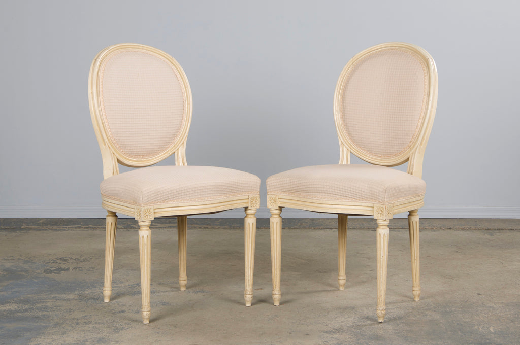 Antique French Louis XVI Style Painted Dining Chairs W/ Cream Fabric - Set of 6