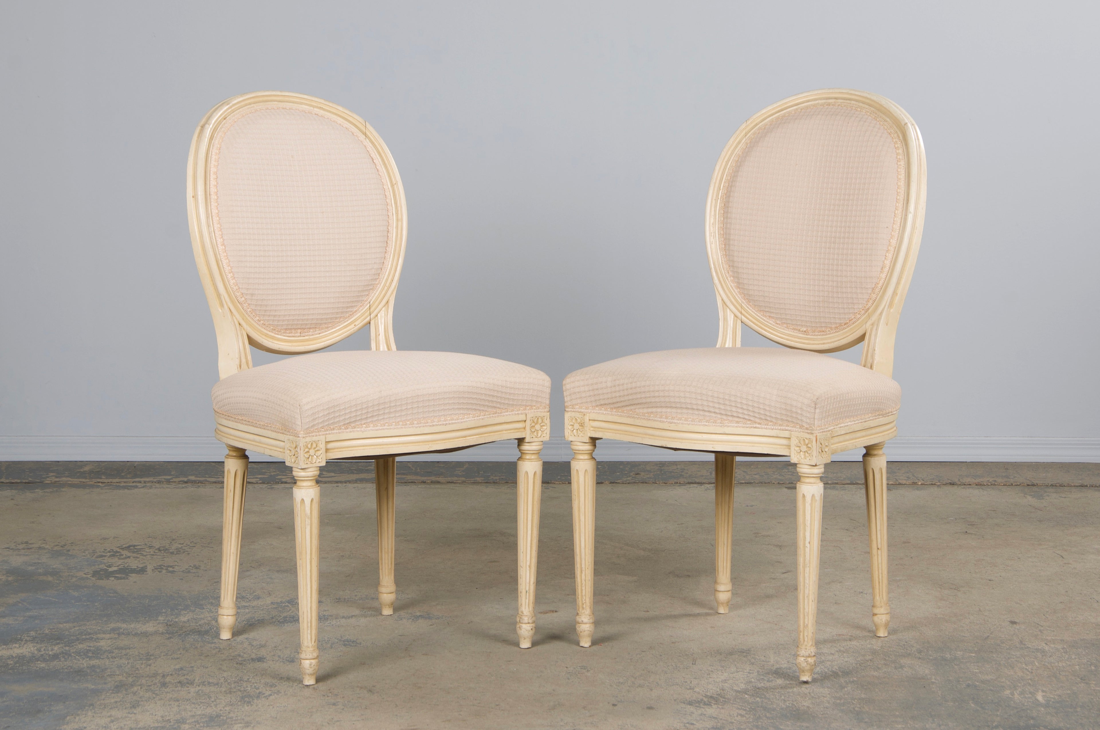 Antique French Louis XVI Style Painted Dining Chairs W/ Cream Fabric - Set of 6