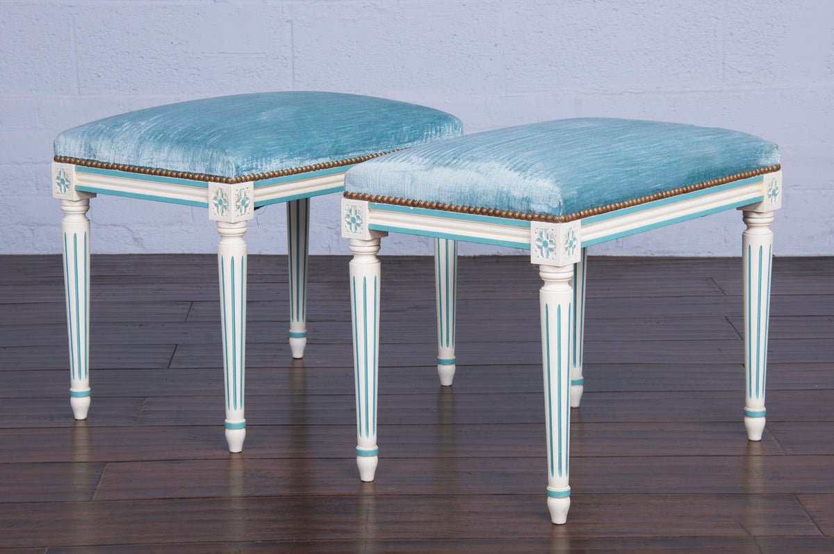 Antique French Louis XVI Style Painted Armchairs and Tabourets W/ Blue Velvet - A Pair