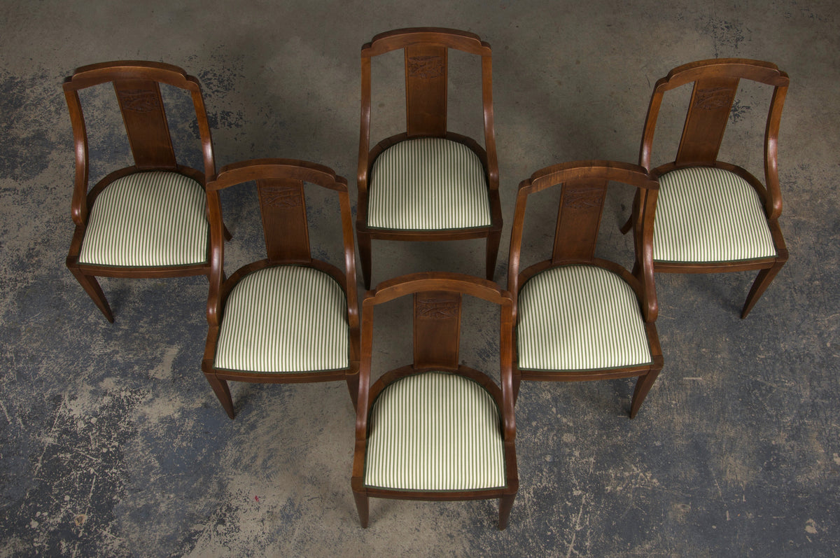 1930s French Art Deco Gondola Walnut Dining Chairs W/ Striped Green Fabric - Set of 6