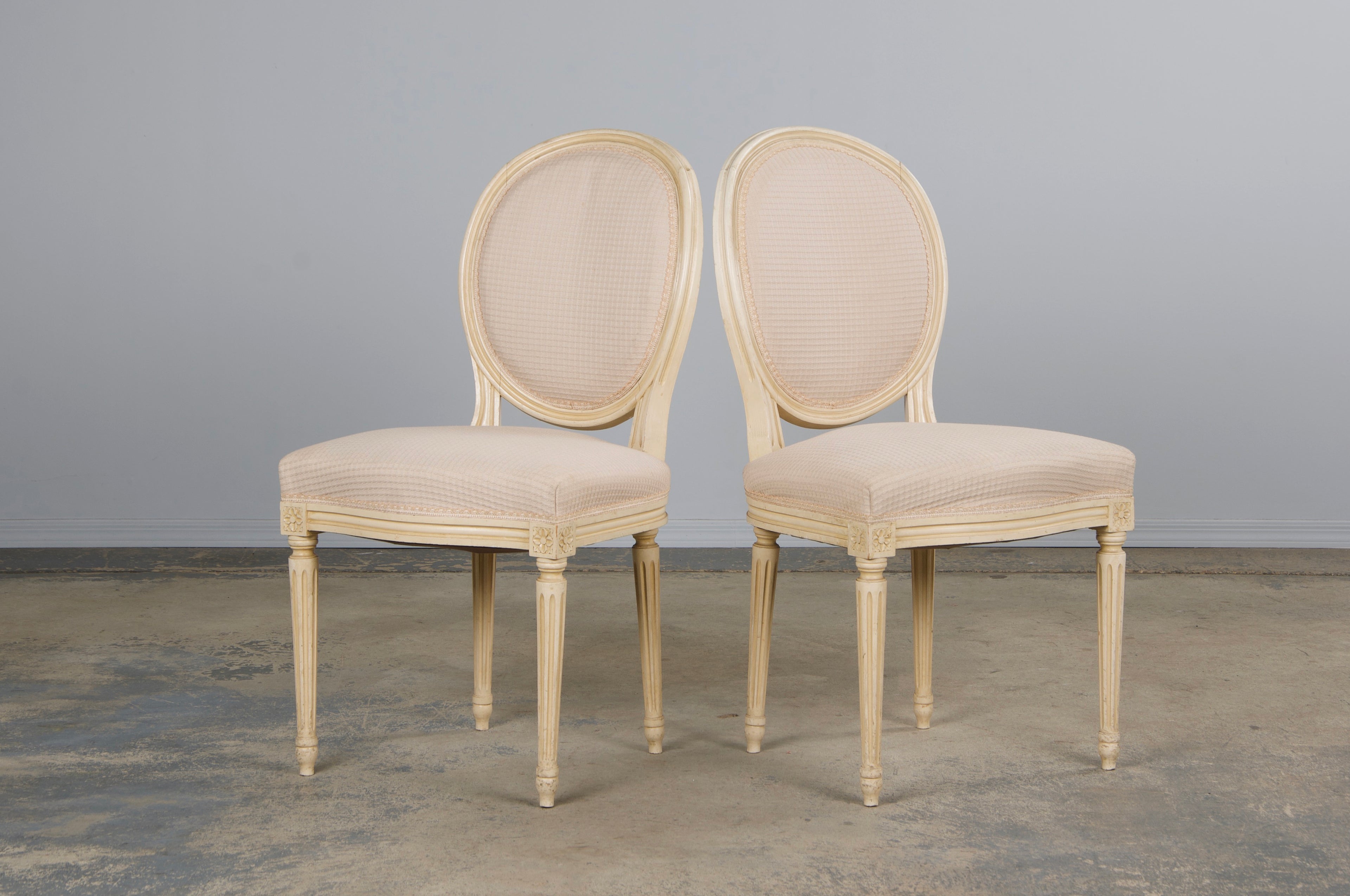 Antique French Louis XVI Style Painted Dining Chairs W/ Cream Fabric - Set of 6