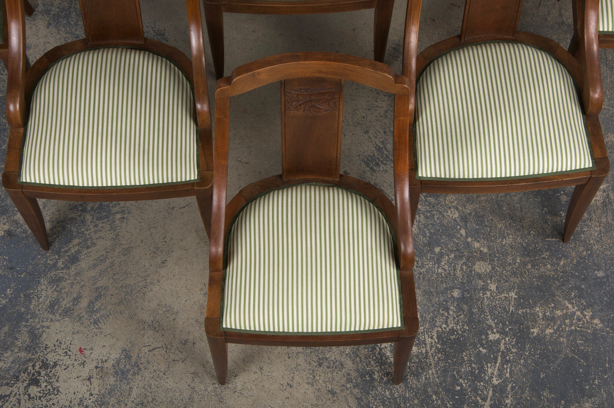 1930s French Art Deco Gondola Walnut Dining Chairs W/ Striped Green Fabric - Set of 6