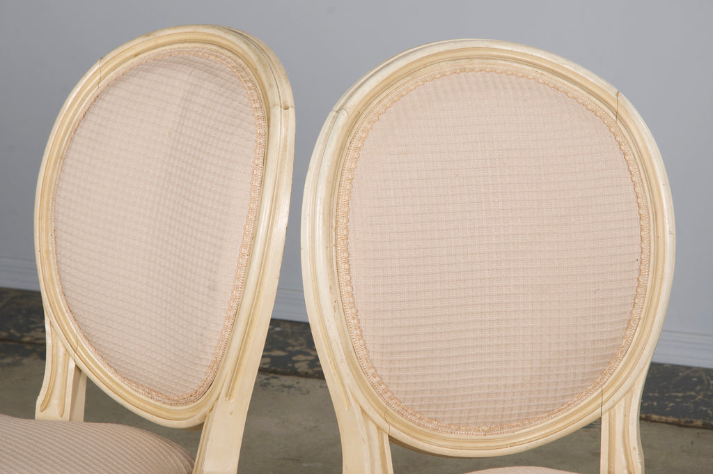 Antique French Louis XVI Style Painted Dining Chairs W/ Cream Fabric - Set of 6