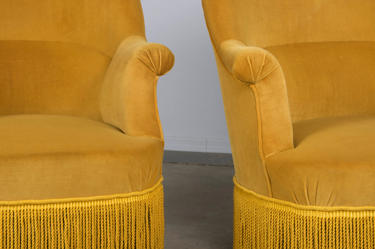 19th Century French Napoleon III Style Armchairs W/ Golden Yellow Velvet - A Pair