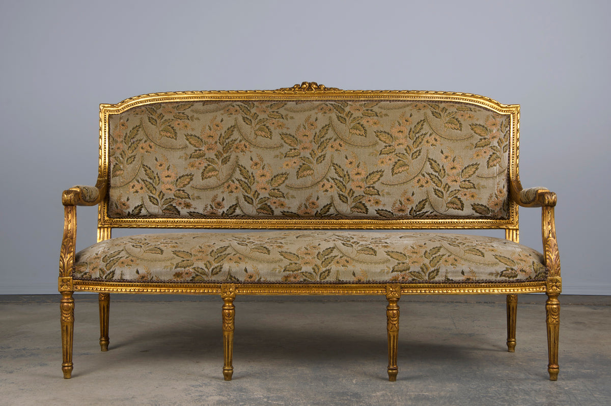 19th Century French Louis XVI Style Gilded Settee W/ Green Floral Velvet