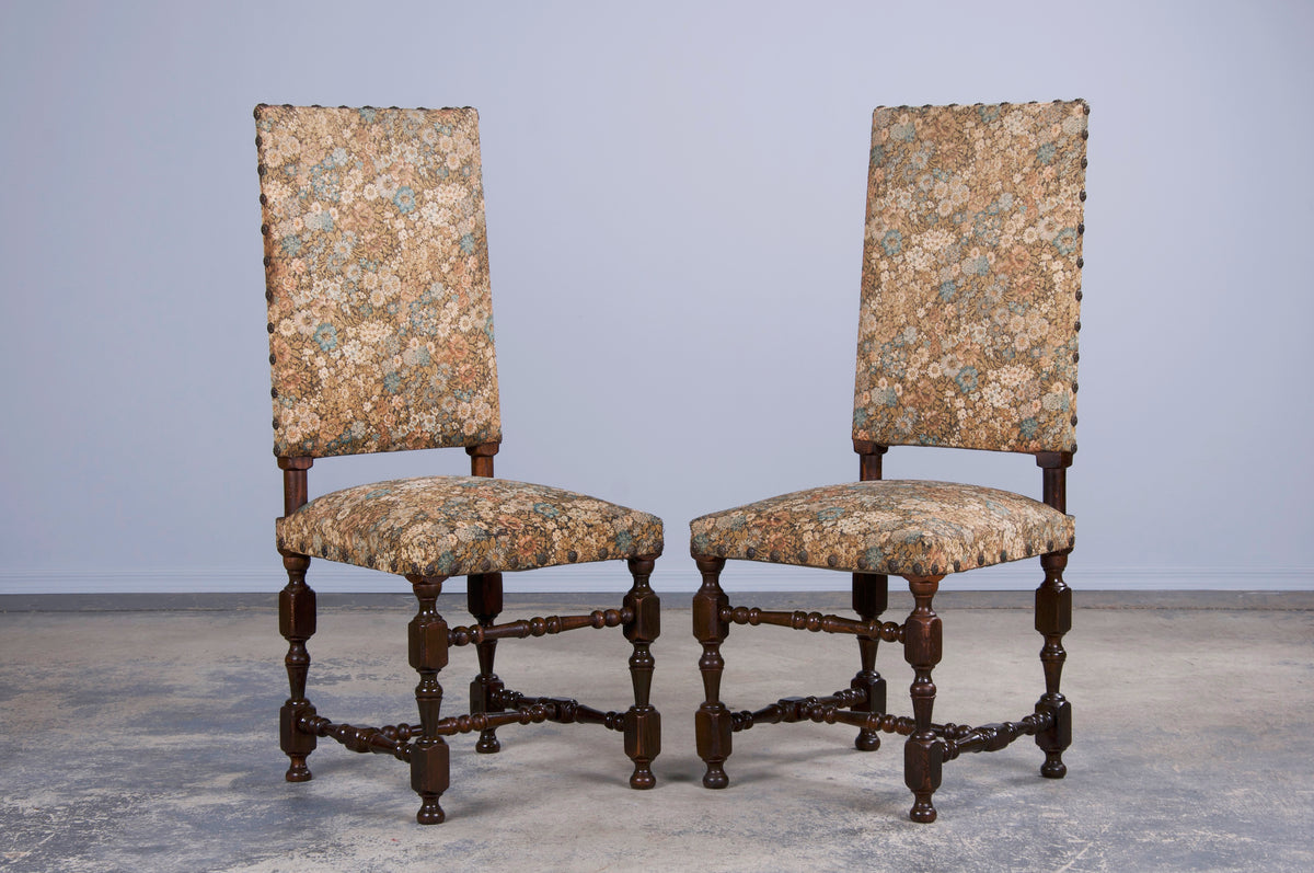 French Louis XIII Style Maple Dining Chairs W/ Floral Fabric - Set of 8