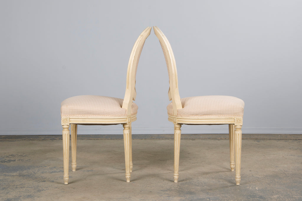 Antique French Louis XVI Style Painted Dining Chairs W/ Cream Fabric - Set of 6