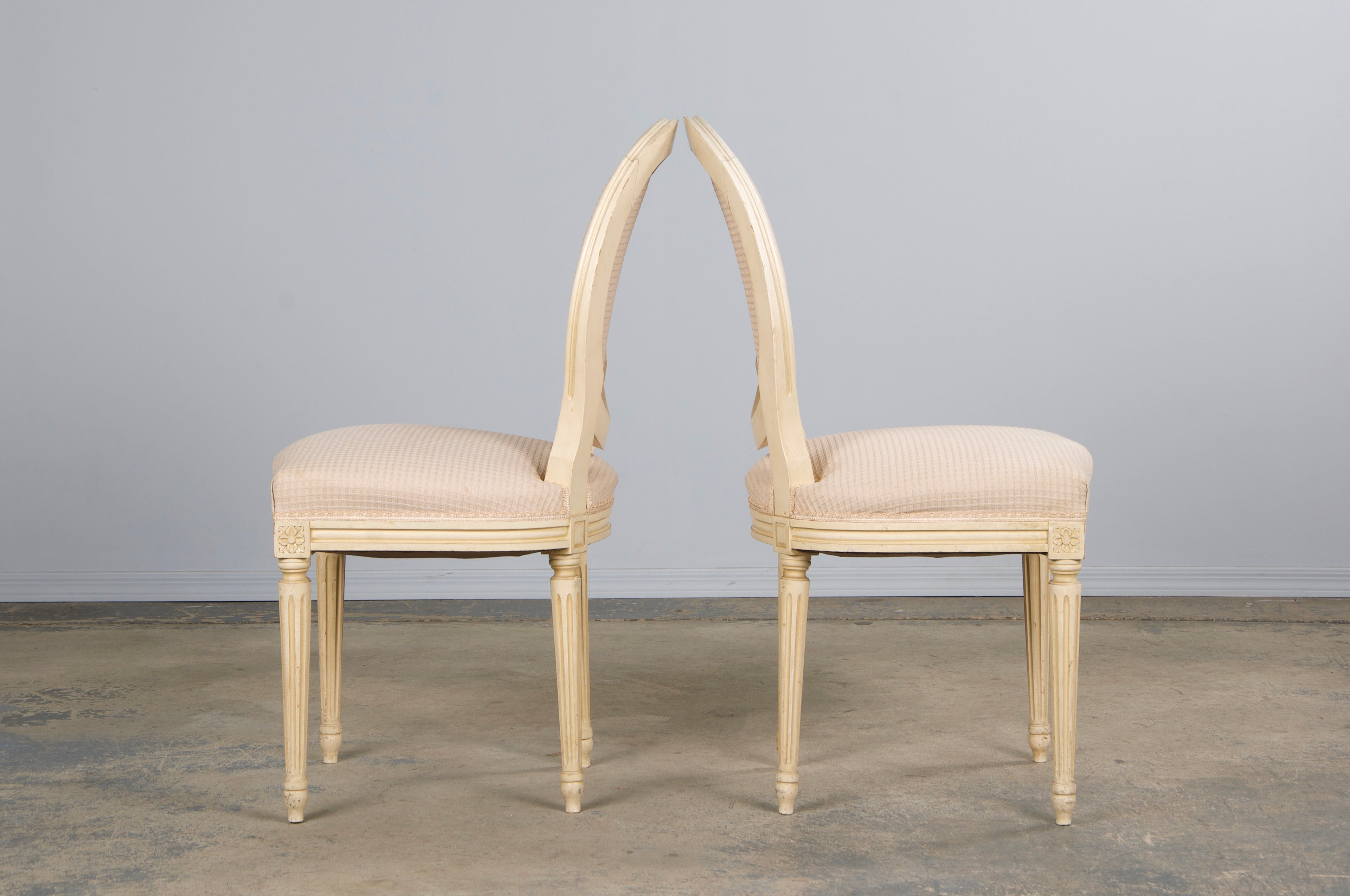 Antique French Louis XVI Style Painted Dining Chairs W/ Cream Fabric - Set of 6