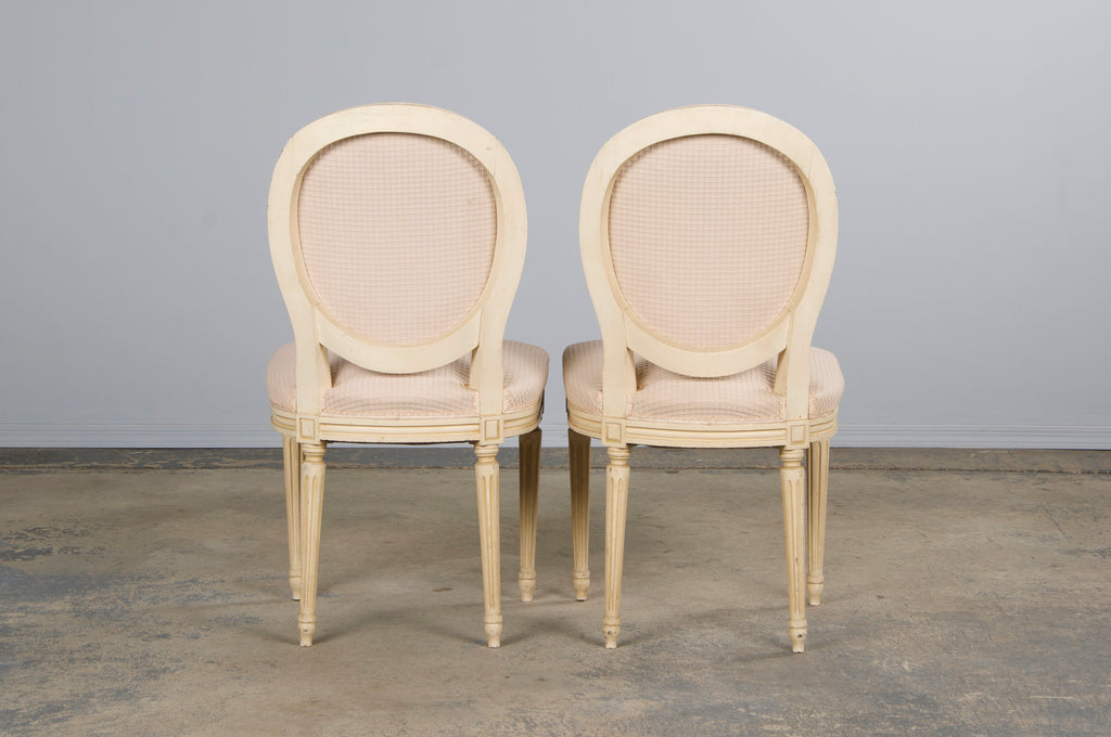 Antique French Louis XVI Style Painted Dining Chairs W/ Cream Fabric - Set of 6