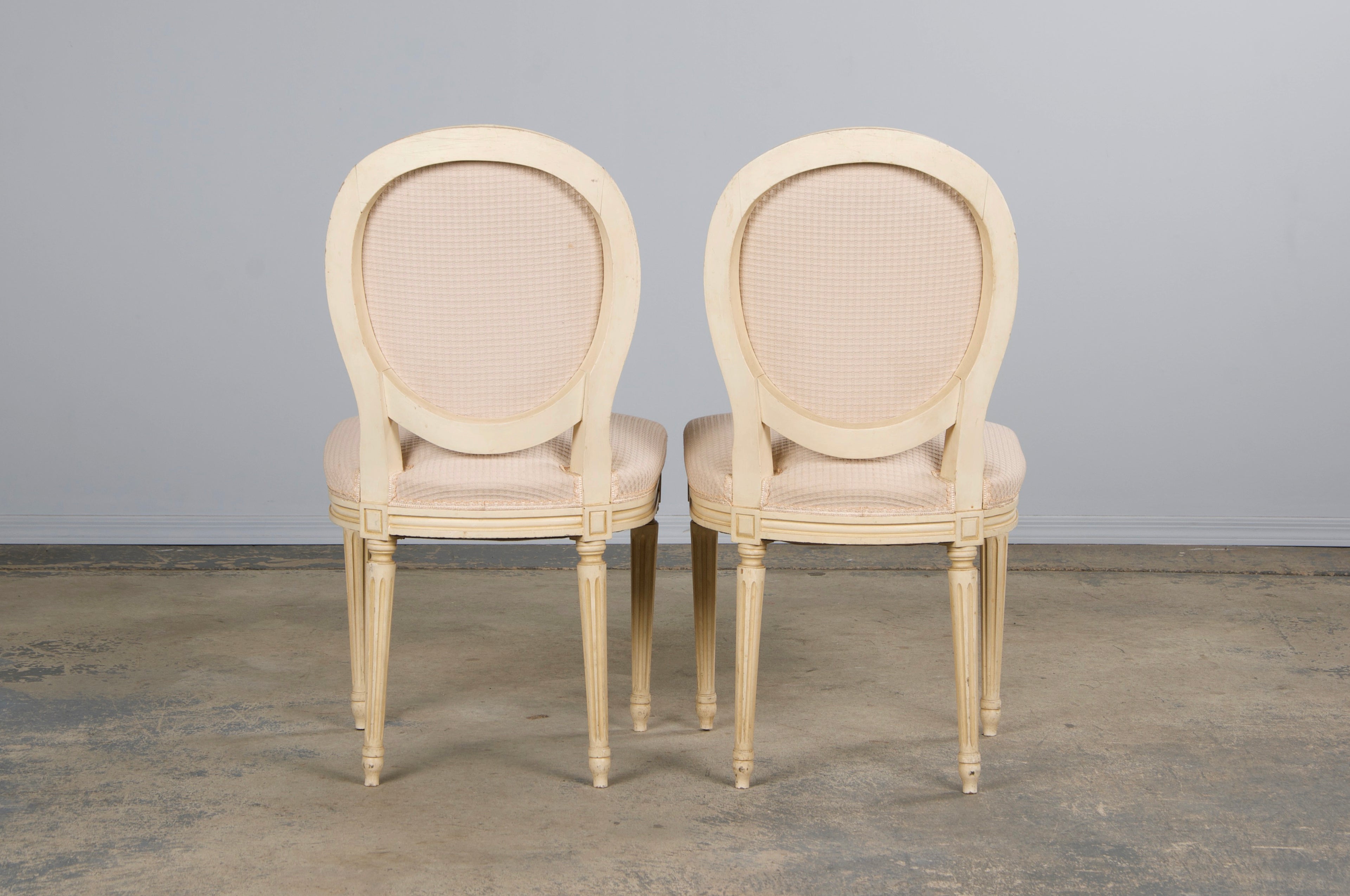 Antique French Louis XVI Style Painted Dining Chairs W/ Cream Fabric - Set of 6