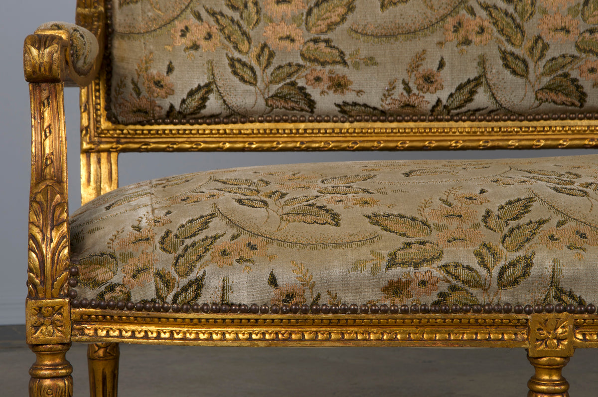 19th Century French Louis XVI Style Gilded Settee W/ Green Floral Velvet