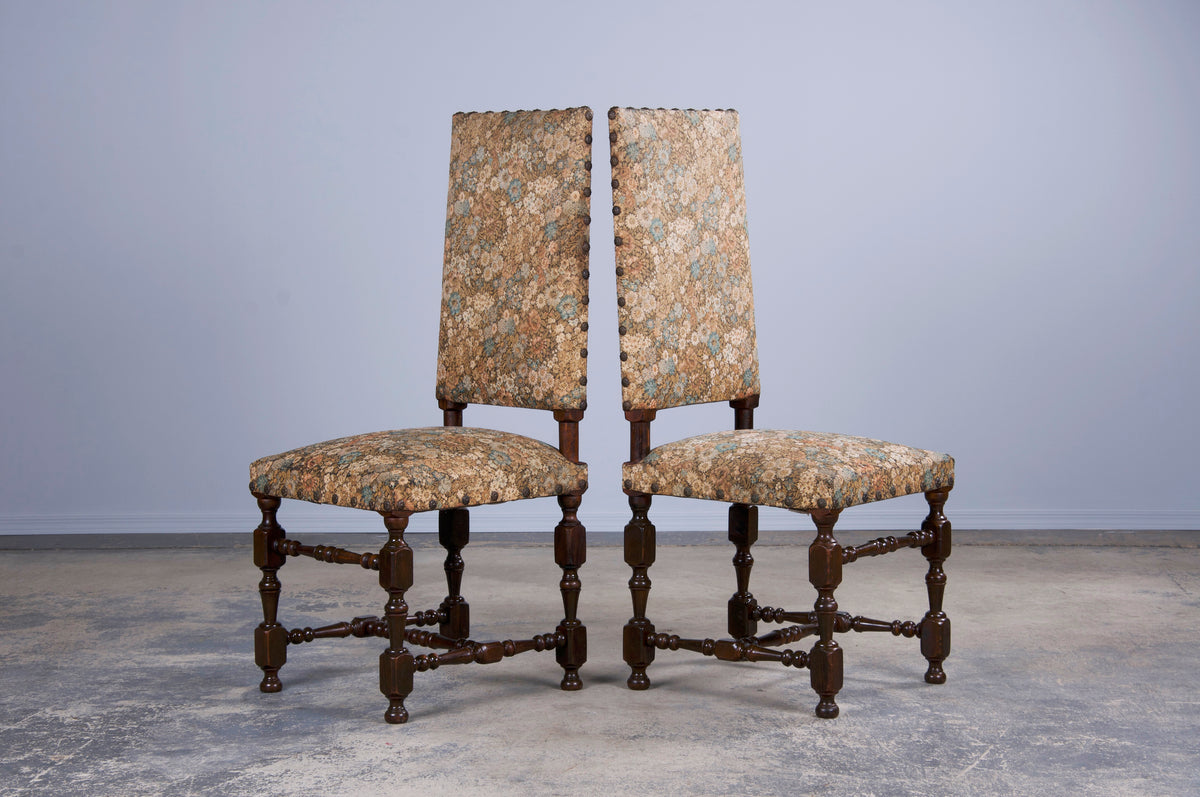 French Louis XIII Style Maple Dining Chairs W/ Floral Fabric - Set of 8