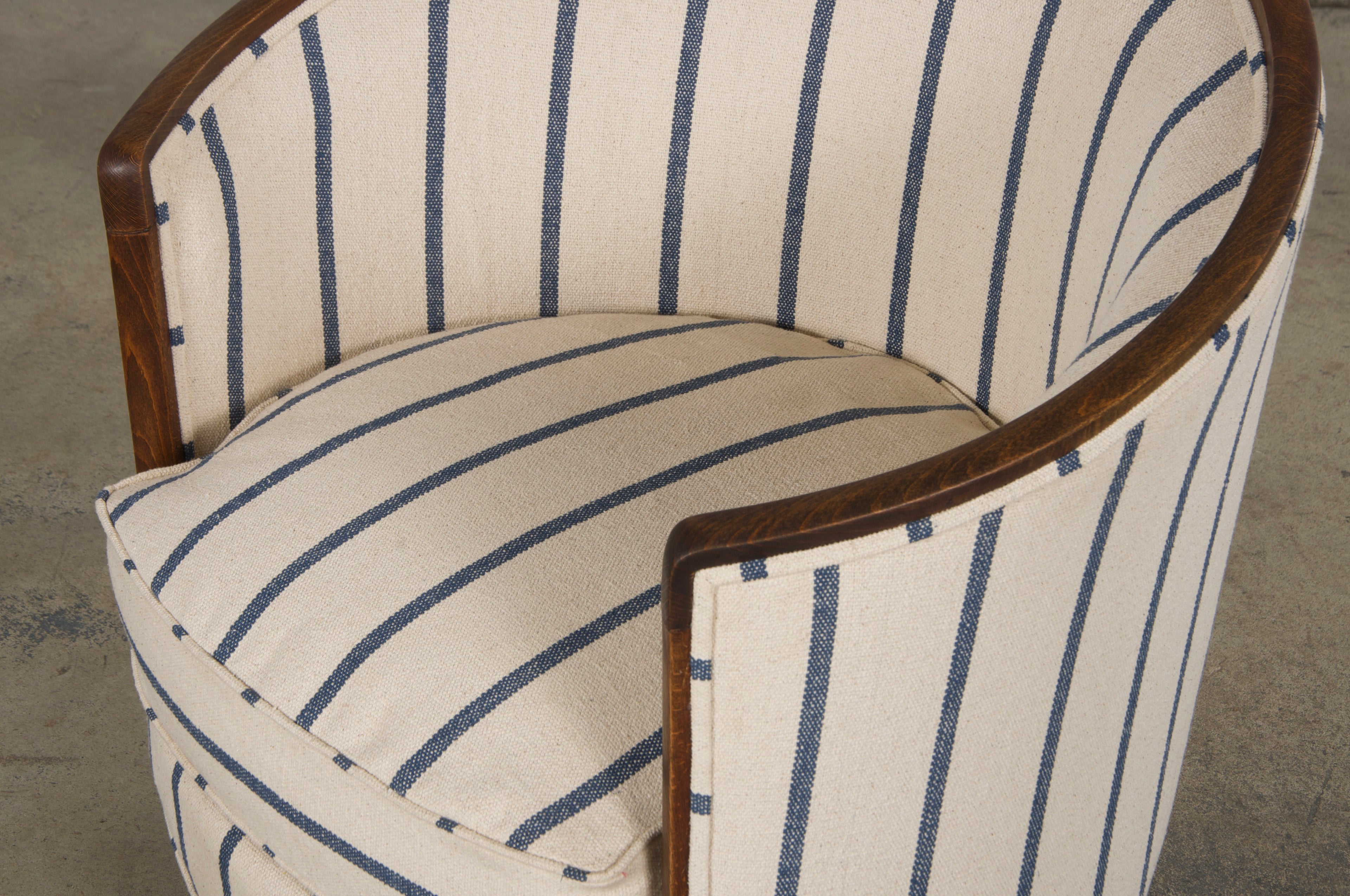 1930s French Art Deco Maple Tub Chairs in Striped Fabric - A Pair