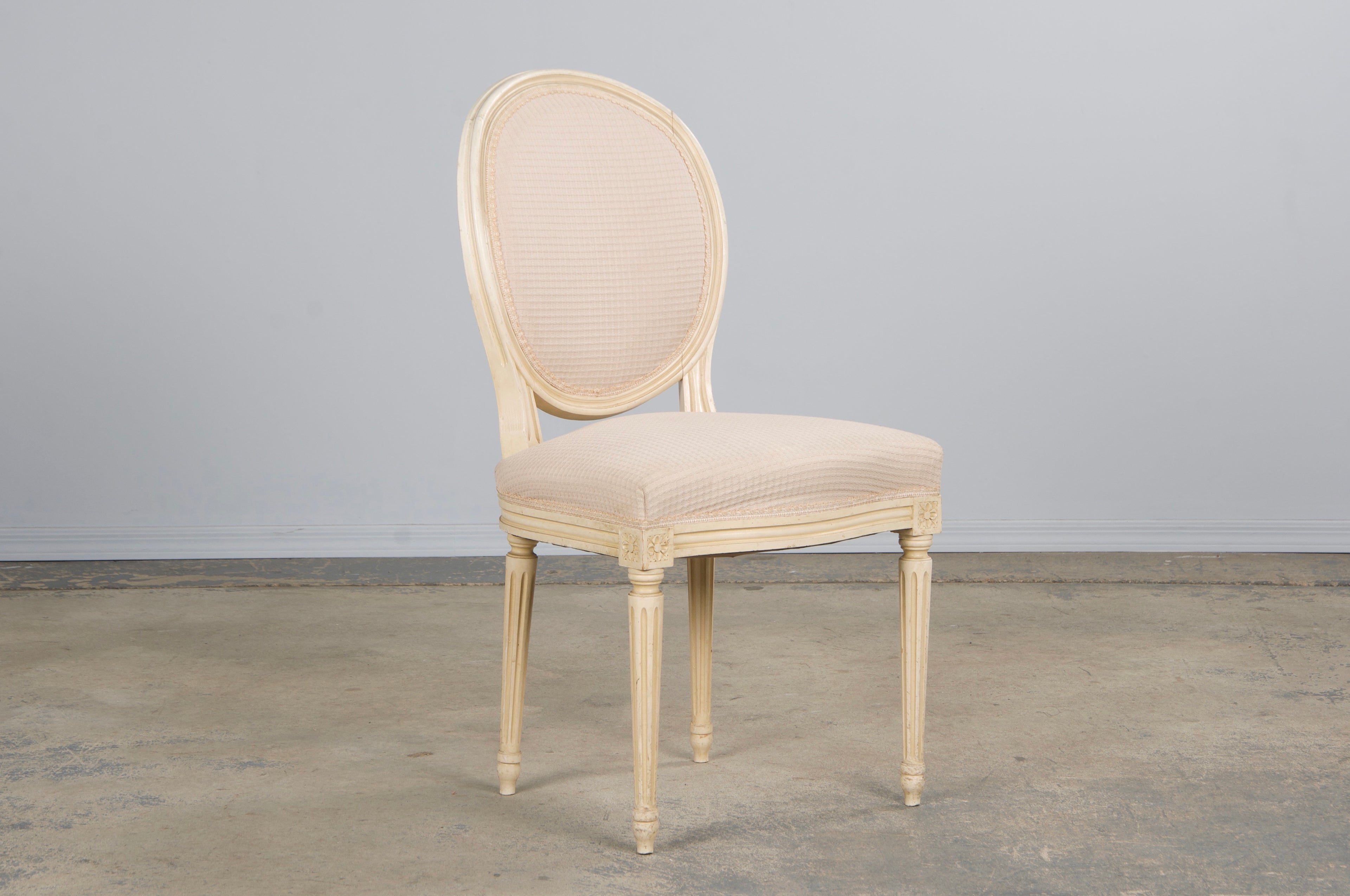 Antique French Louis XVI Style Painted Dining Chairs W/ Cream Fabric - Set of 6