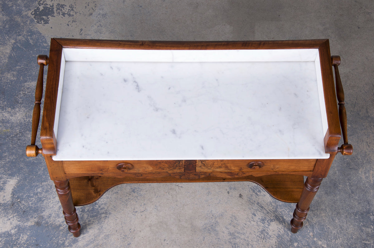 Antique Country French Provincial Louis Philippe Walnut Wash Table or Vanity W/ White Marble Top