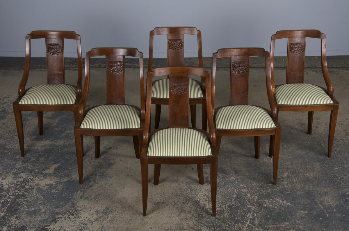 1930s French Art Deco Gondola Walnut Dining Chairs W/ Striped Green Fabric - Set of 6