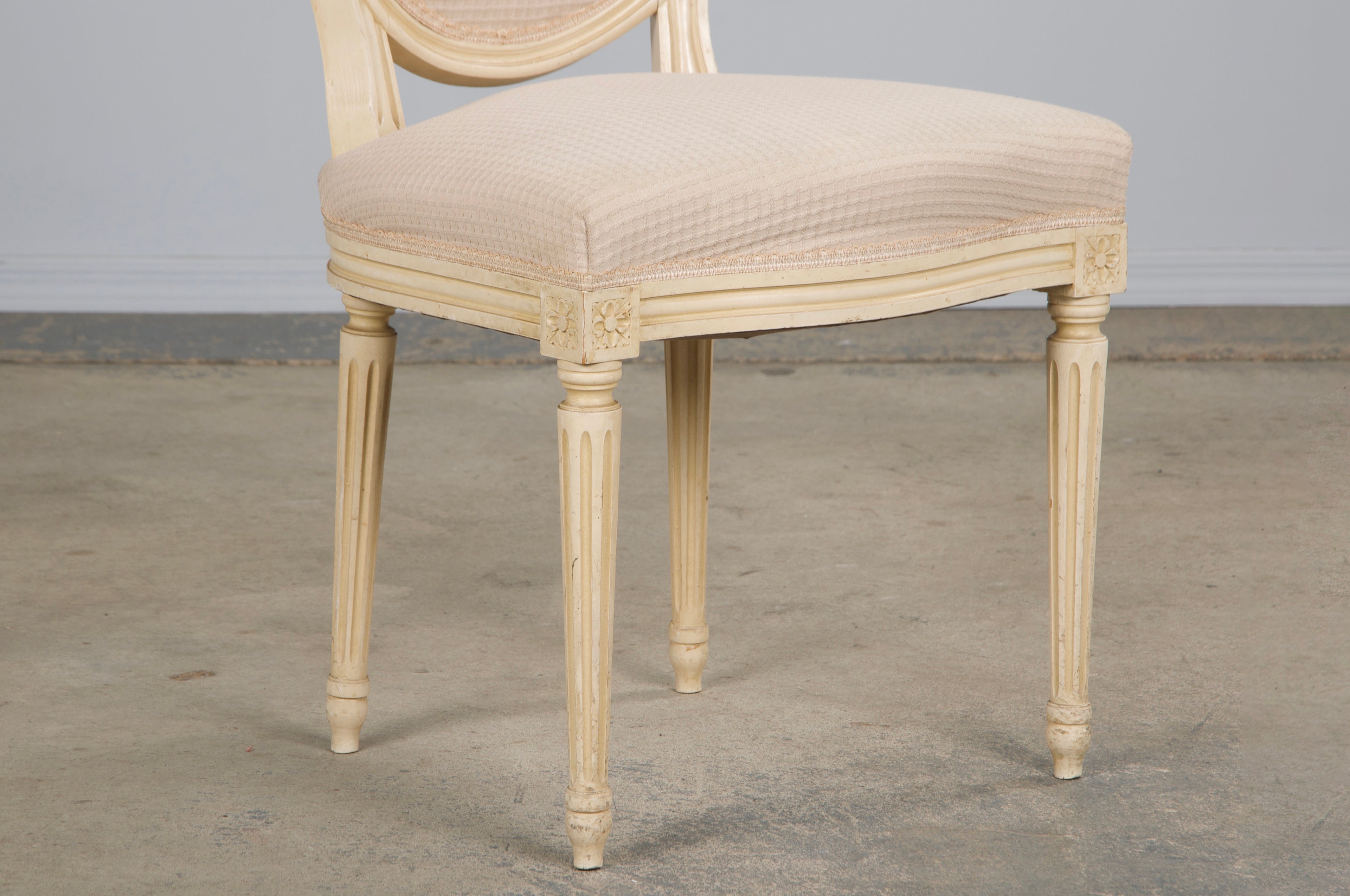 Antique French Louis XVI Style Painted Dining Chairs W/ Cream Fabric - Set of 6