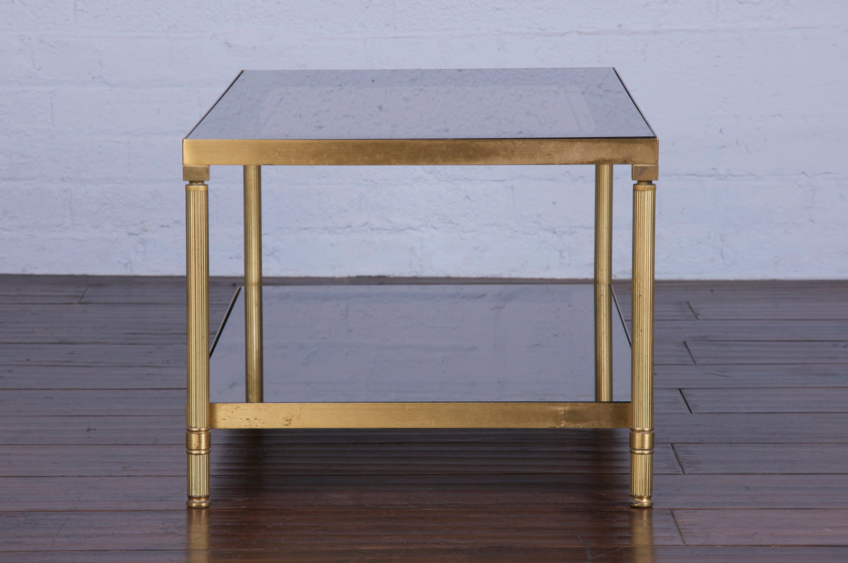 French Neoclassical Style Brass Coffee Table W/ Mirrored Smoked Glass Top