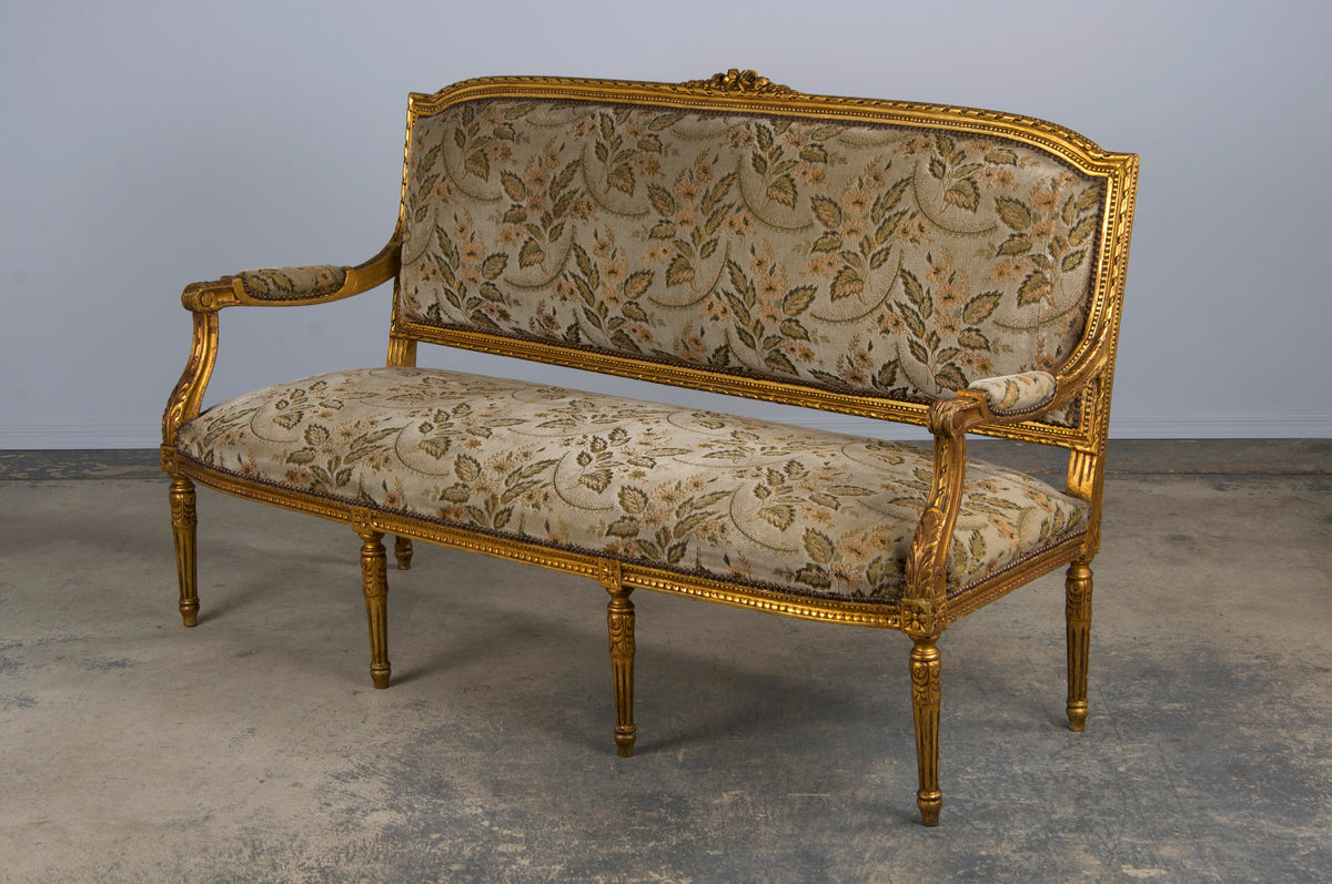 19th Century French Louis XVI Style Gilded Settee W/ Green Floral Velvet