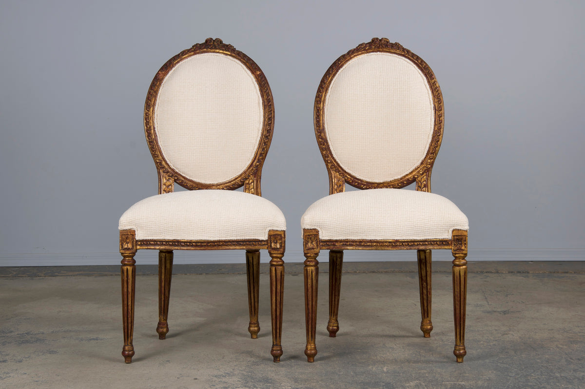 Antique French Louis XVI Style Gilded Dining Chairs W/ Ivory Chenille - Set of 6