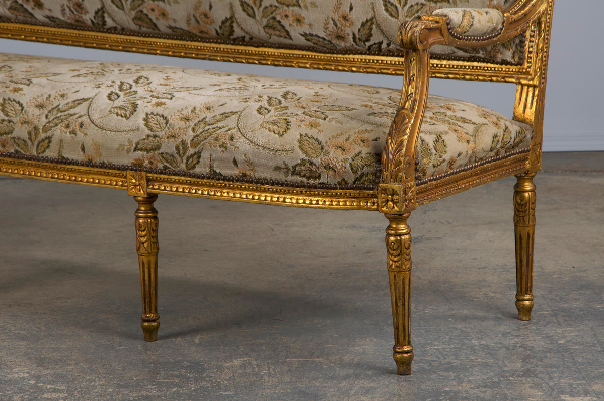 19th Century French Louis XVI Style Gilded Settee W/ Green Floral Velvet