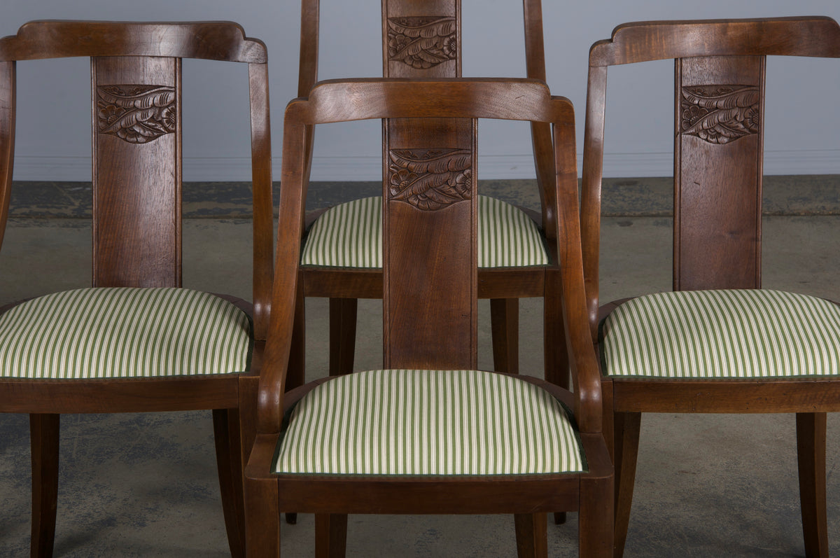 1930s French Art Deco Gondola Walnut Dining Chairs W/ Striped Green Fabric - Set of 6