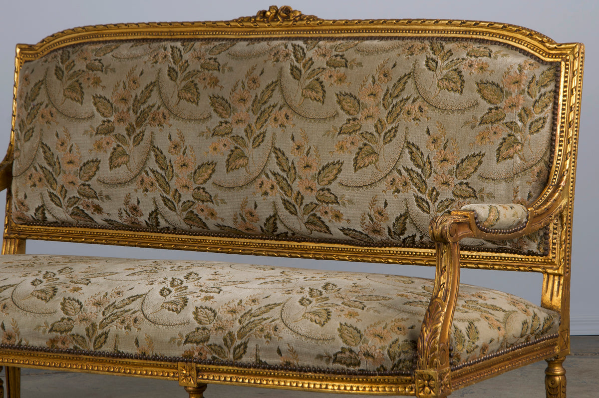 19th Century French Louis XVI Style Gilded Settee W/ Green Floral Velvet