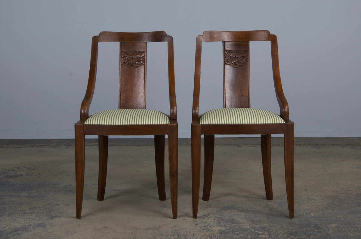 1930s French Art Deco Gondola Walnut Dining Chairs W/ Striped Green Fabric - Set of 6