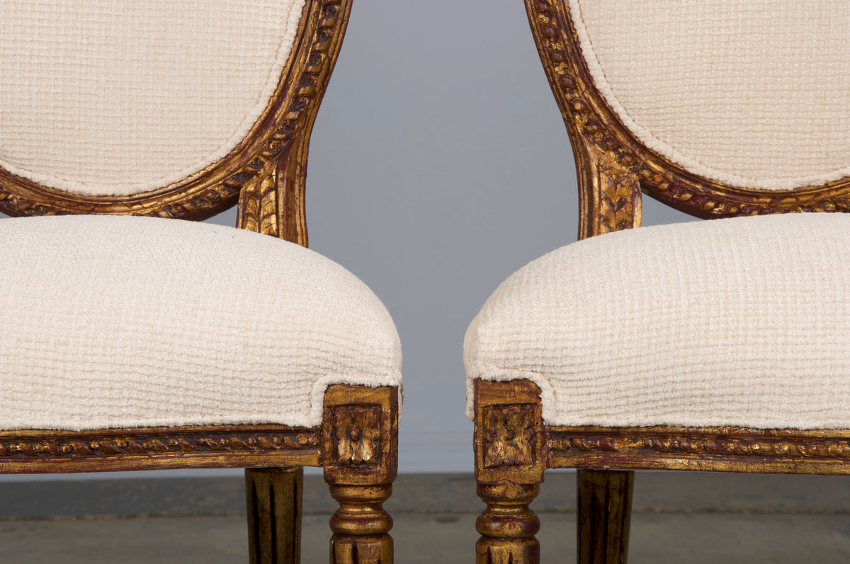 Antique French Louis XVI Style Gilded Dining Chairs W/ Ivory Chenille - Set of 6