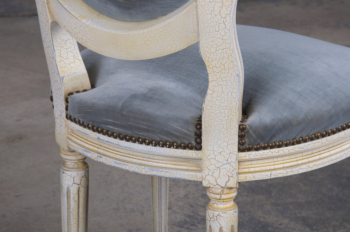 Antique French Louis XVI Style Painted Side Chairs W/ Blue Velvet - A Pair