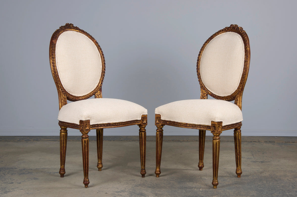 Antique French Louis XVI Style Gilded Dining Chairs W/ Ivory Chenille - Set of 6