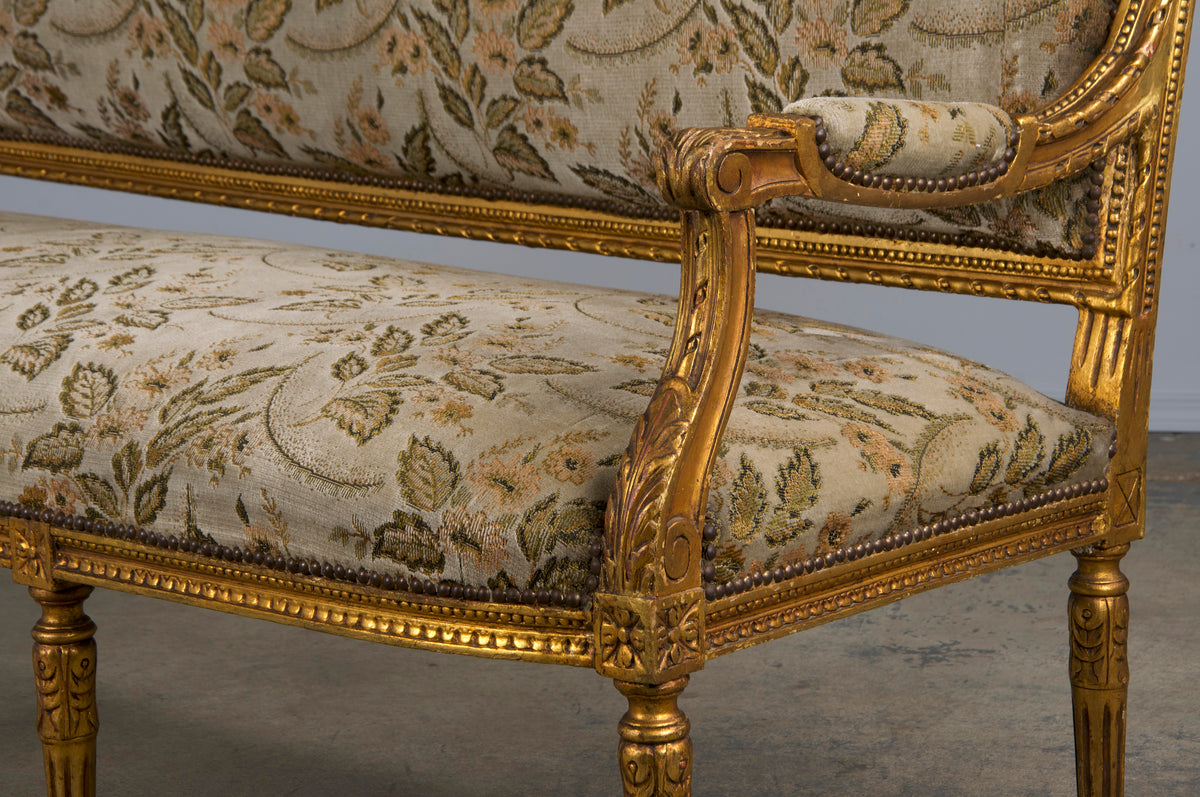 19th Century French Louis XVI Style Gilded Settee W/ Green Floral Velvet