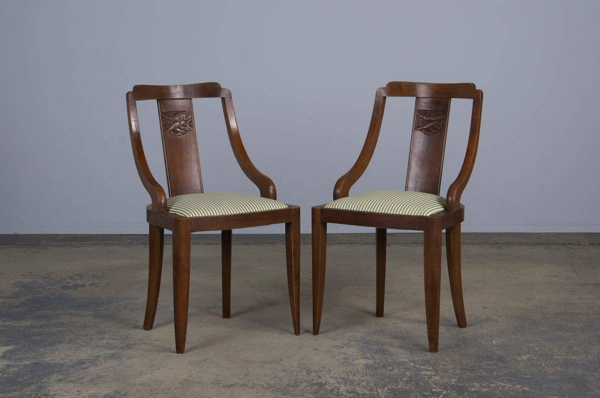 1930s French Art Deco Gondola Walnut Dining Chairs W/ Striped Green Fabric - Set of 6