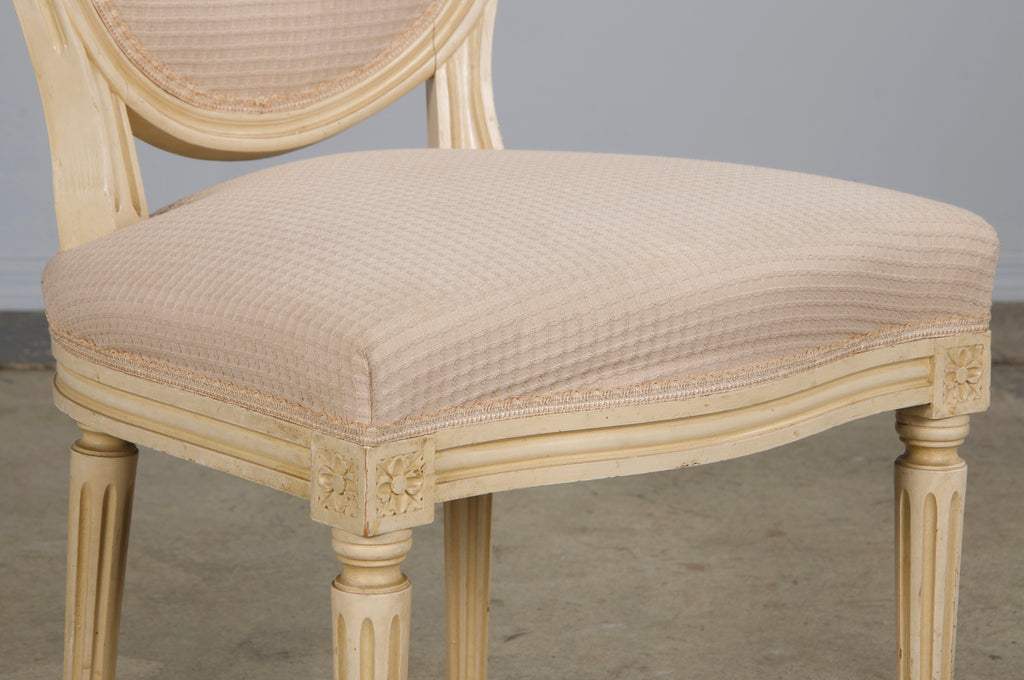 Antique French Louis XVI Style Painted Dining Chairs W/ Cream Fabric - Set of 6