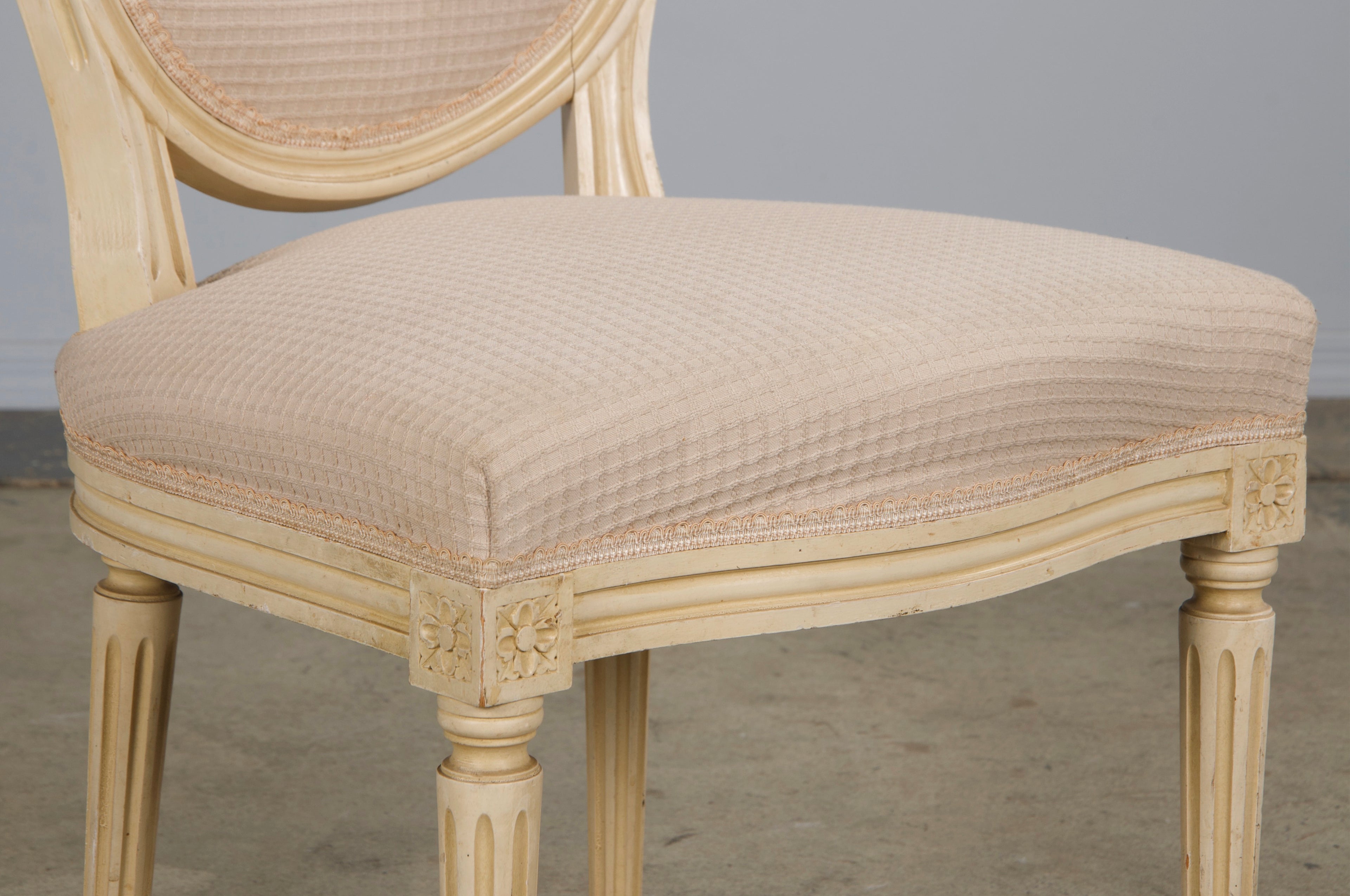 Antique French Louis XVI Style Painted Dining Chairs W/ Cream Fabric - Set of 6