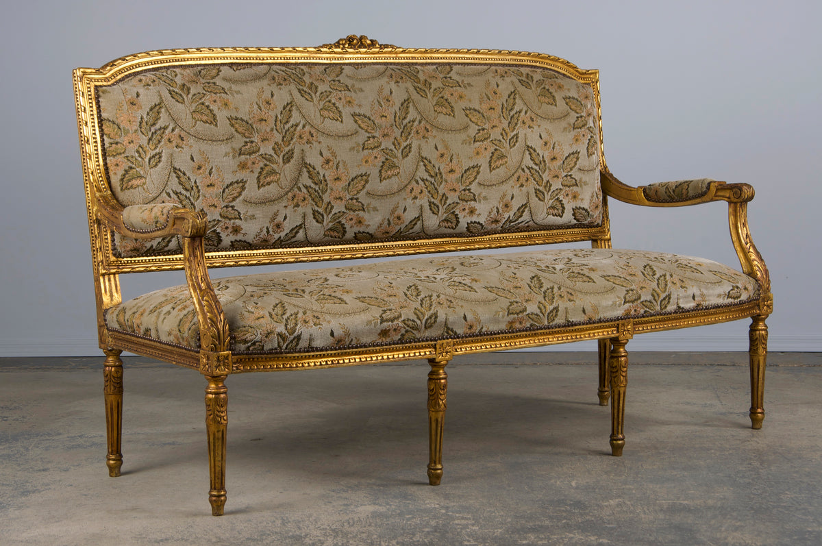 19th Century French Louis XVI Style Gilded Settee W/ Green Floral Velvet