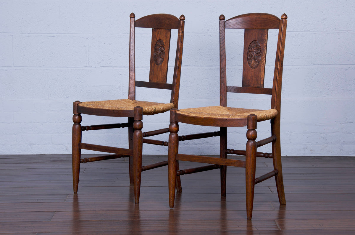 1920s French Art Deco Oak Dining Chairs W/ Rush Seats - Set of 6